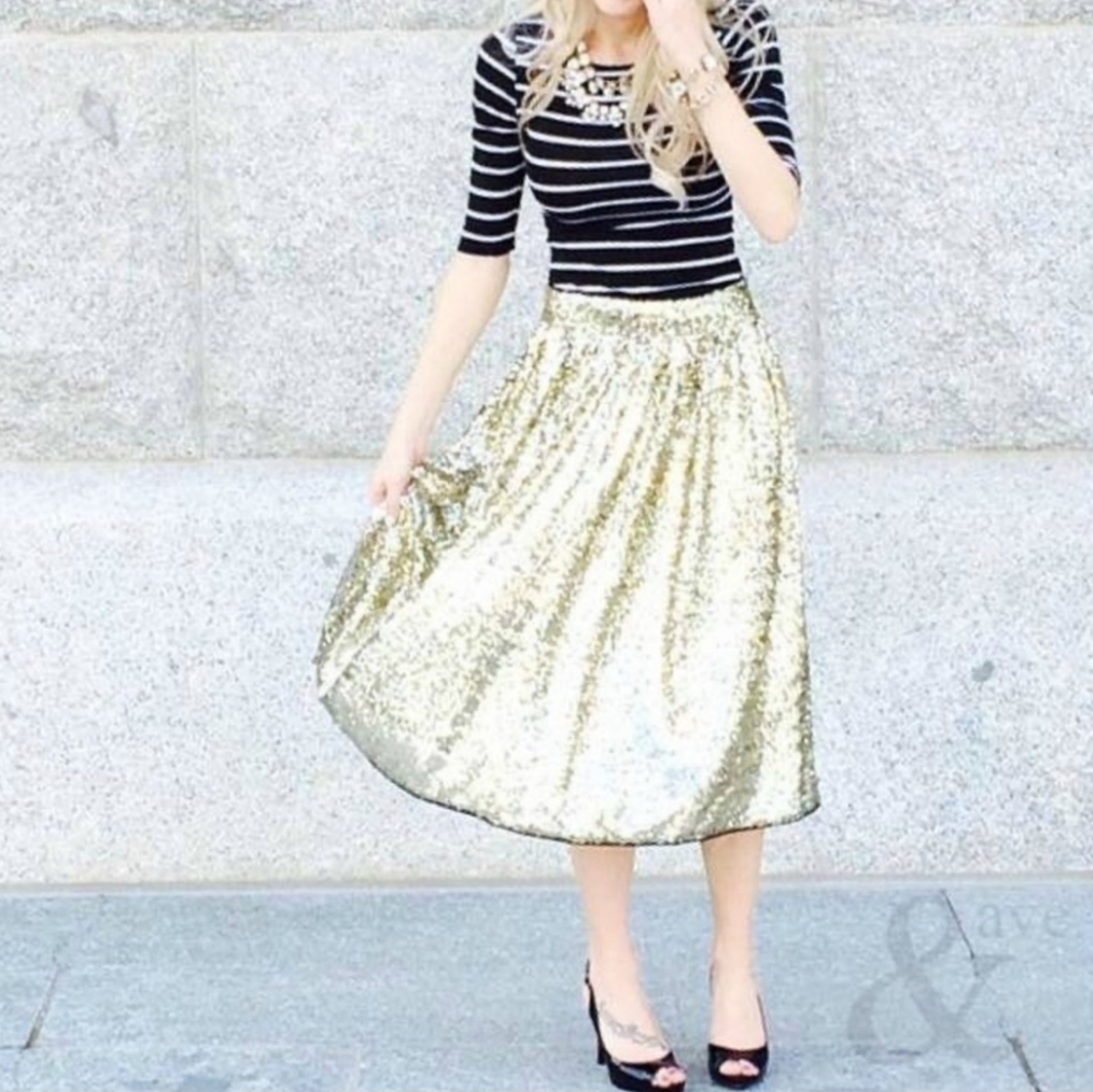 AMPERSAND AVE. Womens Gold Sequin Midi Party Skirt